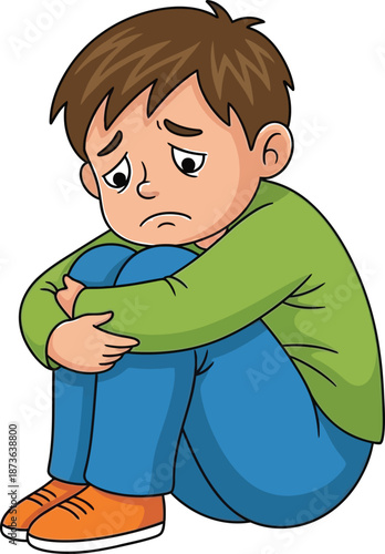 A cartoon illustration of a young sad boy sitting alone and feeling very depressed or lonely