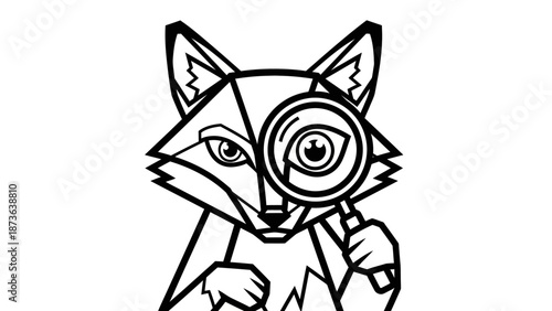 Geometric fox detective, searching with a magnifying glass in black and white vector graphic