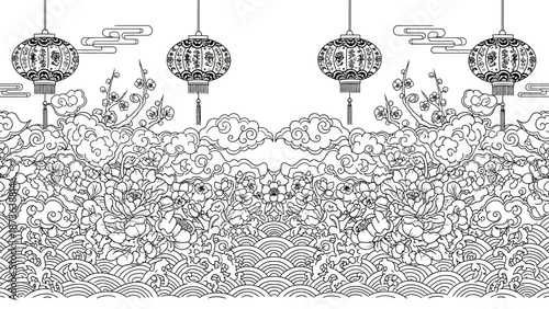 Elegant chinese new year border design with lanterns, flowers, waves, and clouds suitable for