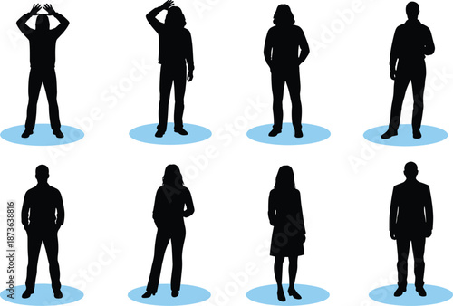 Black silhouette set of people standing on blue circular platforms for social distancing, networking, community, and personal space concept isolated.
