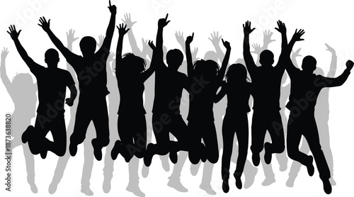 Silhouettes of a group of young people jumping in celebration with their hands up