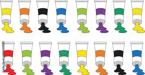 Paint Tubes with Flowing Colors Vector Illustration Set Showing Art Supplies, Creative Tools and Color Palette Concept