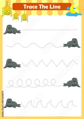 Trace line worksheets for children. Preschool handwriting practice with animals. Vector illustration