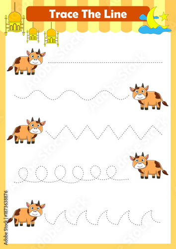 Trace line worksheets for children. Preschool handwriting practice with animals. Vector illustration
