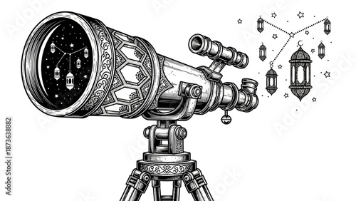 Intricate drawing of a telescope stargazing for ramadan decorations and celebrations