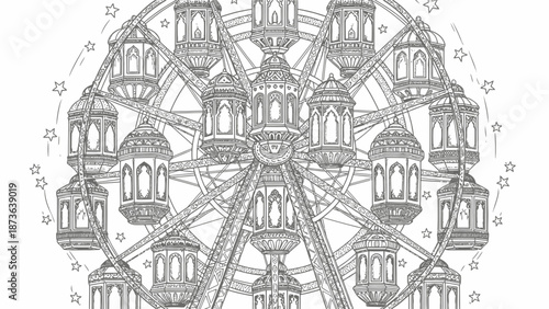 Intricate Ferris Wheel Design with Ornate Lantern Cabins and Star Accents for Coloring