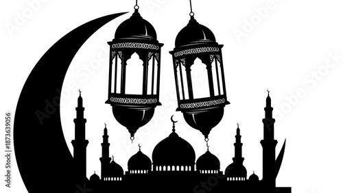 Elegant black and white silhouette of a mosque against a crescent moon and lanterns for Islamic