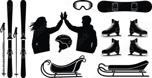 Black silhouette set of winter sports equipment with skis, skates, sled, snowboard, and happy couple high five for mountain vacation.Black silhouette.