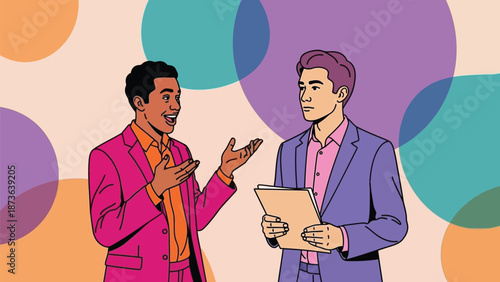 Dynamic professional discussion between two diverse men in bright suits against an abstract