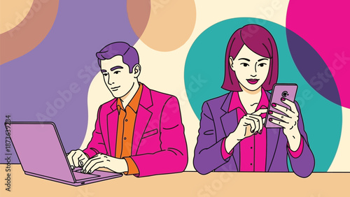 Illustrative portrayal of contemporary individuals engaging with digital technology for work and