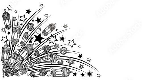 Elegant Monochrome Ramadan Kareem Background Featuring Intricate Lanterns and Stars Design