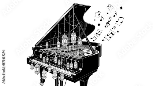 Elegant black and white grand piano adorned with hanging lanterns and musical notes illustration