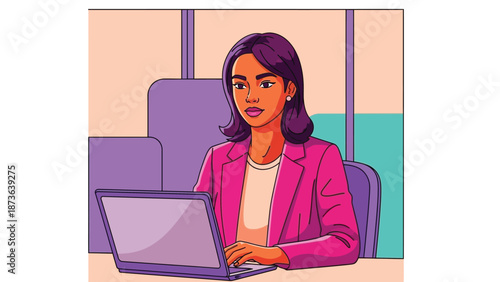 Modern professional woman deeply concentrated on her laptop in a vibrant, productive work