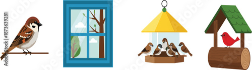 Cute Bird and Birdhouse Vector Illustration Set with Window and Feeder Elements for Nature, Garden and Home Design