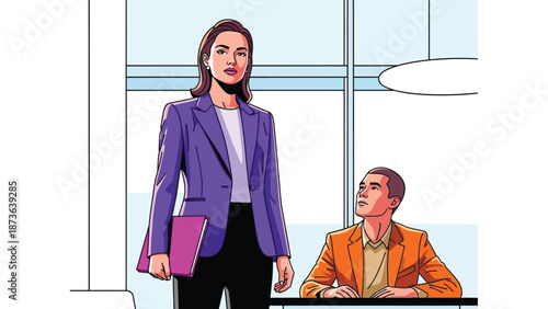 Dynamic business leader engaging with a colleague in a vibrant office setting illustration