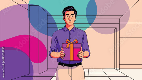 Vibrant illustration of a smiling man presenting a beautifully wrapped celebratory gift box