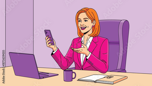 Dynamic businesswoman engaging in virtual communication from her modern office setup with digital