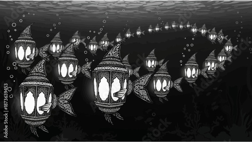 A surreal underwater scene of lantern fish swimming in the dark ocean depths