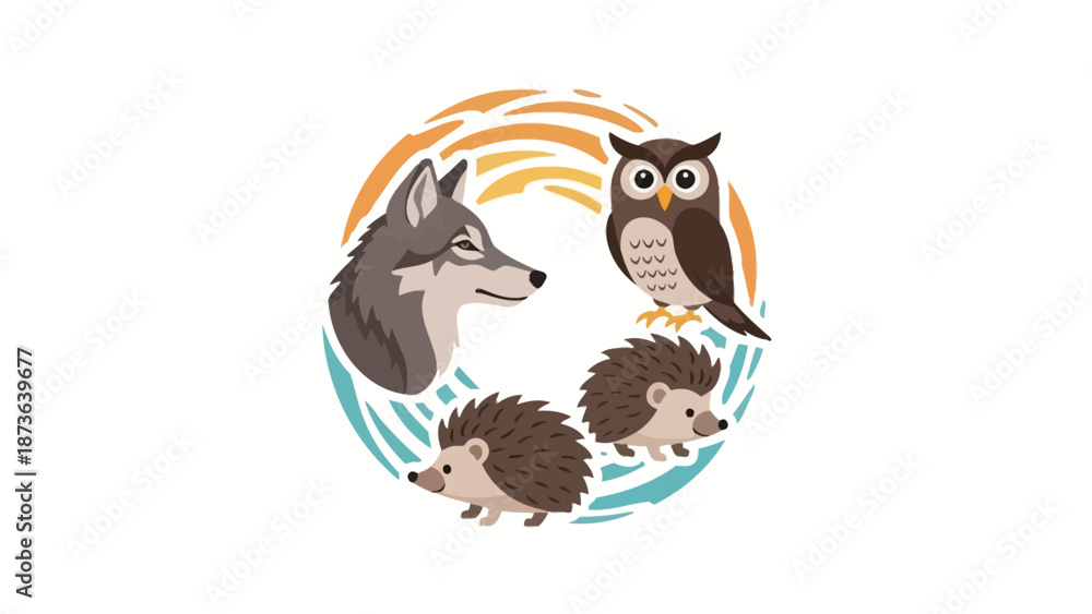 Fototapeta premium Illustrative depiction featuring forest animals: wolf, owl, and hedgehog cartoon design