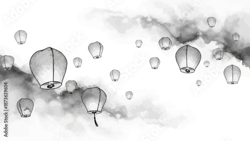 Monochrome Sky Lanterns Soaring Amidst Ethereal Clouds in an Artistic Illustration