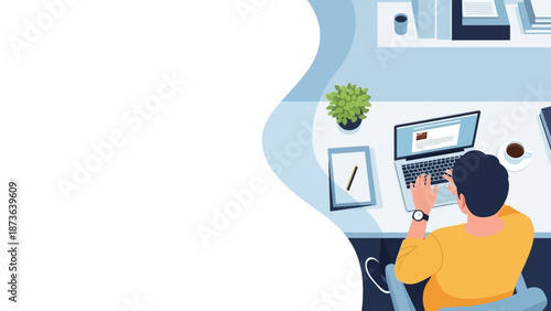 Illustration of a man working on a laptop at his desk with a clean workplace atmosphere