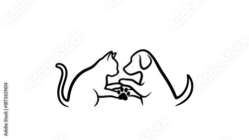 Minimalist line art illustration of a cat and dog touching paws in unity and friendship