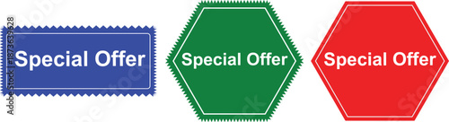 Three colorful special offer labels in blue green and red