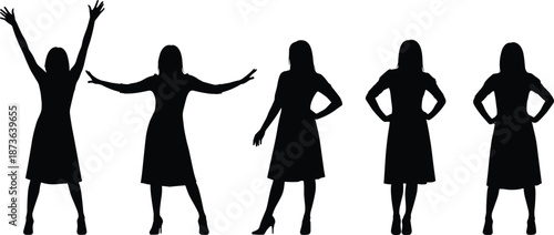 Black silhouette set of women in dresses posing with hands up and on hips for fashion, lifestyle, success, and elegance.