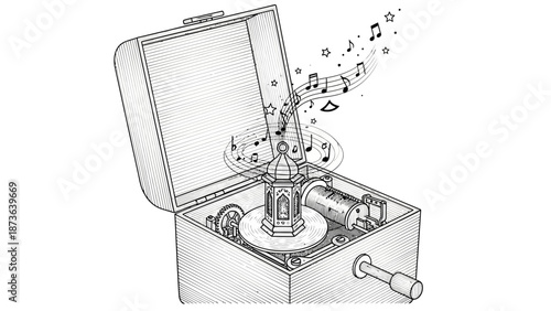 Monochrome illustration of an open music box with a lantern and musical notes