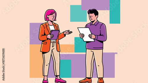 Dynamic professional duo engaging in an interactive discussion using a digital tablet and