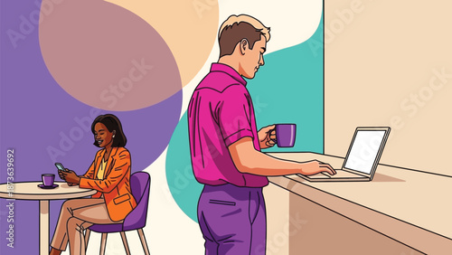 Vibrant illustration of individuals engaged with digital technology for productivity and