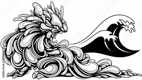 Abstract vector illustration of a sea dragon with wave in black and white design