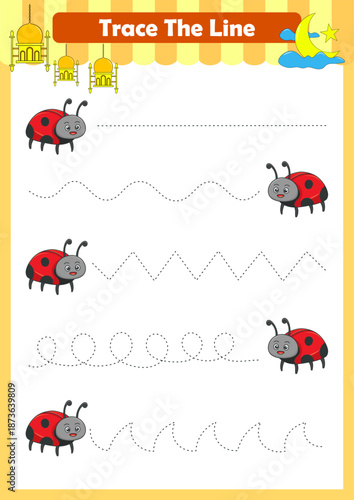 Trace line worksheets for children. Preschool handwriting practice with animals. Vector illustration