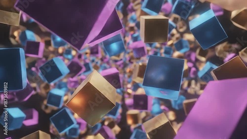 A mesmerizing abstract 3D animation featuring countless glowing geometric cubes of various sizes and vibrant colors like blue, purple, and orange, dynamically floating and rotating in a dark, infinit.