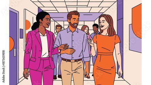 Diverse professionals conversing in a modern office corridor during a busy workday