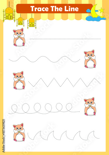 Trace line worksheets for children. Preschool handwriting practice with animals. Vector illustration