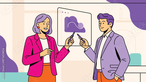 Creative professionals collaborating on an interactive digital display for modern business solutions