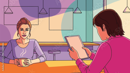 Vibrant cafe interaction featuring a digital tablet user and a person enjoying a comforting warm