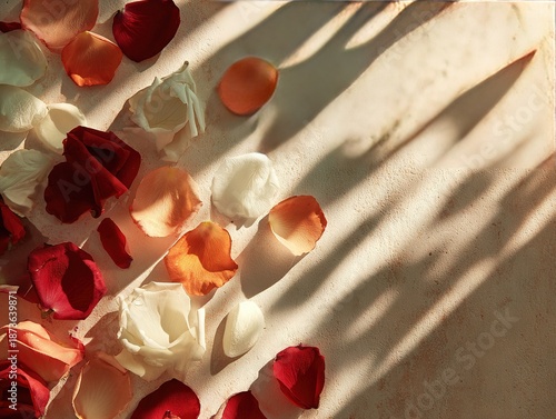 Scattered rose petals in warm sunlight with dramatic shadows creating a romantic still life composition filled with texture softness and quiet emotion