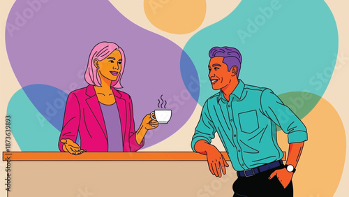 Vibrant vector illustration of two diverse professionals engaged in a friendly conversation during