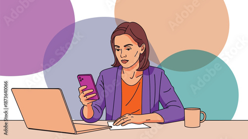 Professional woman focused on digital tasks using smartphone and laptop for modern connectivity