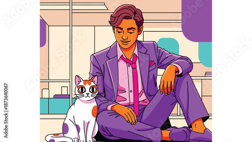 Stylish young man in purple suit relaxing on floor with his feline companion, a modern lifestyle