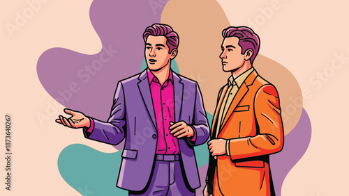 Dynamic illustration of two smartly dressed men engaged in thoughtful discussion, representing