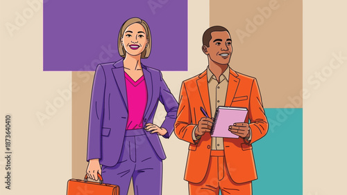Professional duo in vibrant business attire exuding confidence and collaboration, ready for new