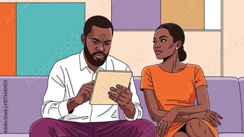 Focused man and patient woman engaging with a tablet in a vibrant modern setting