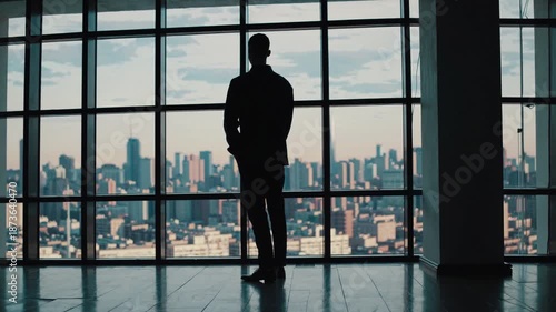 Cinematic Wide Shot of Person Standing by Office Window with Blurred City Skyline
