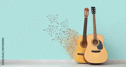 Принти на полотні Two guitars near color wall
