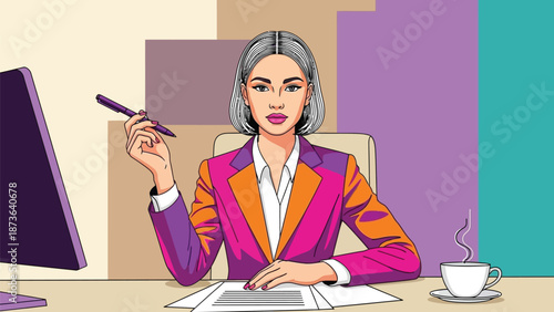 Empowered businesswoman at her vibrant office desk, ready for action with pen and documents