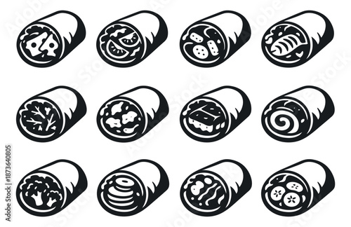 Hand drawn food roll icon set featuring various fillings for restaurant menus and recipes