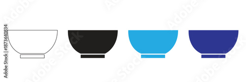 A set of four simple bowl icons in outline black and solid blue and black colors representing diverse design options for food and kitchen related concepts isolated on transparent background.